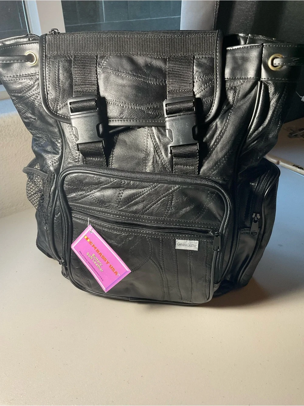 Embassy USA Genuine Leather Black Multi-Pocket Backpack Travel Laptop Bag NWT - Picture 2 of 10